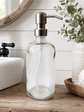 SET OF 2: 16 OZ. GLASS SOAP DISPENSER W/ METAL PUMP (CLEAR GLASS/SILVER …